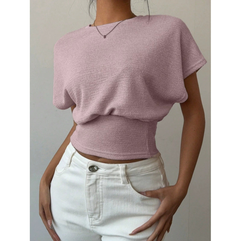 ZARA Elegant Pink Summer Top Crew Neck Short Sleeve Waist Defining Casual Tee